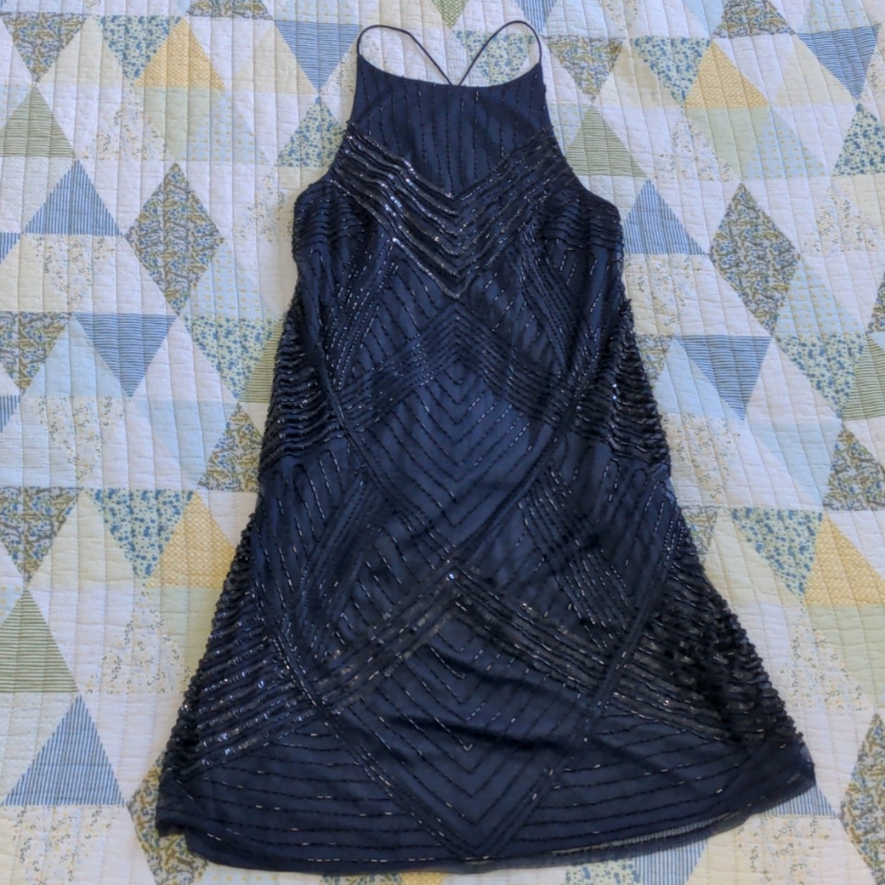 Angie Halter Beaded Short Dress, S, Navy